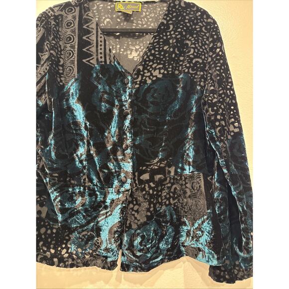 Mirasol Velvet Burnout Blouse Women’s Black Green Button Front Whimsigoth Top - Picture 4 of 11